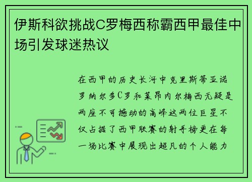 伊斯科欲挑战C罗梅西称霸西甲最佳中场引发球迷热议